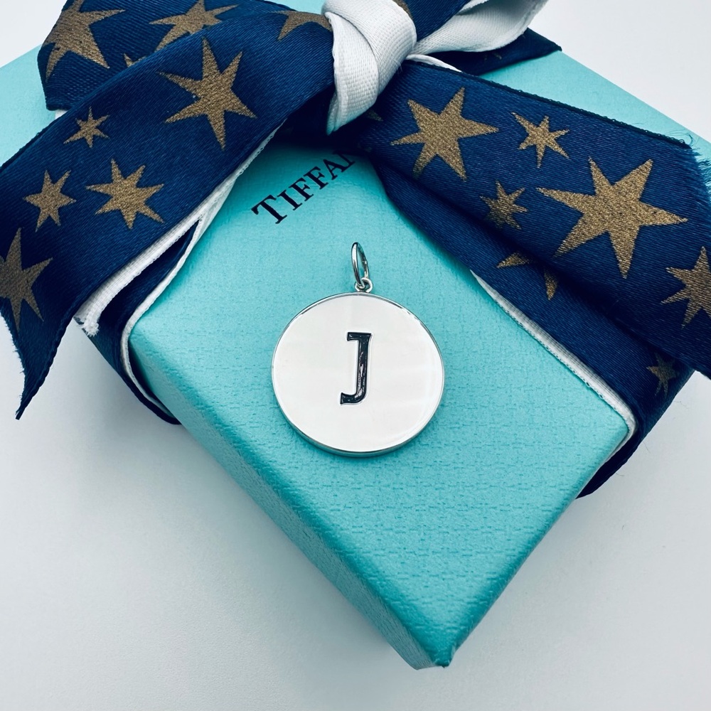 Tiffany & Co. Letter J Round Tag Initial Charm in Sterling Silver with Pouch